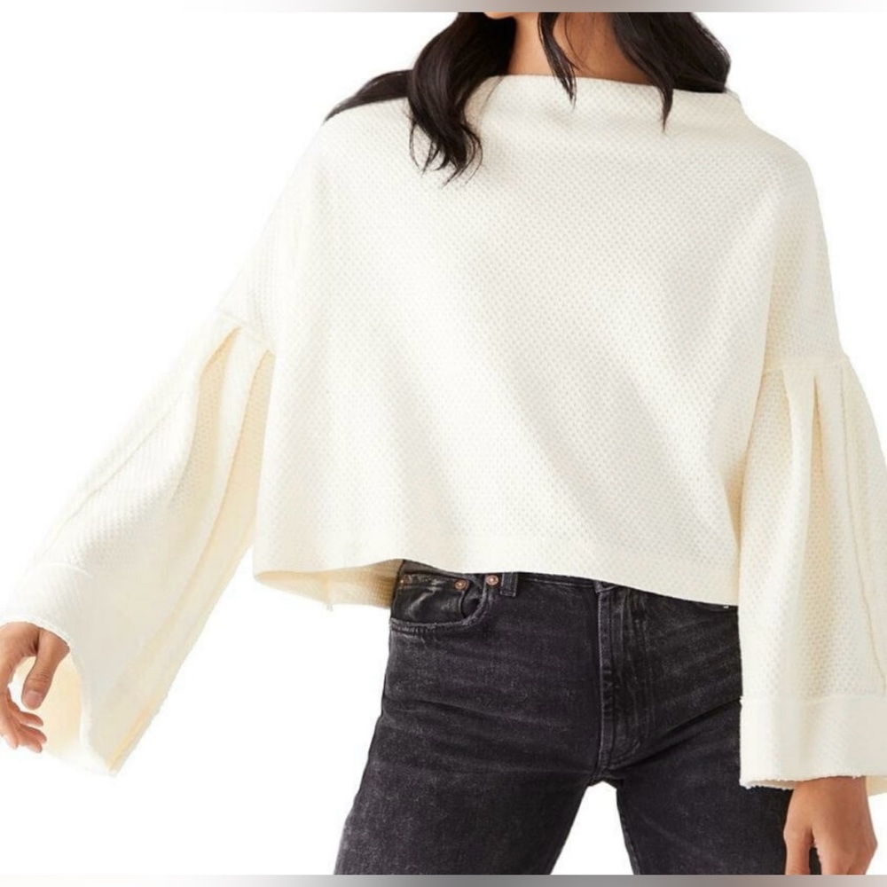 We The Free Cream Long Sleeve Boxy Waffle Knit Top